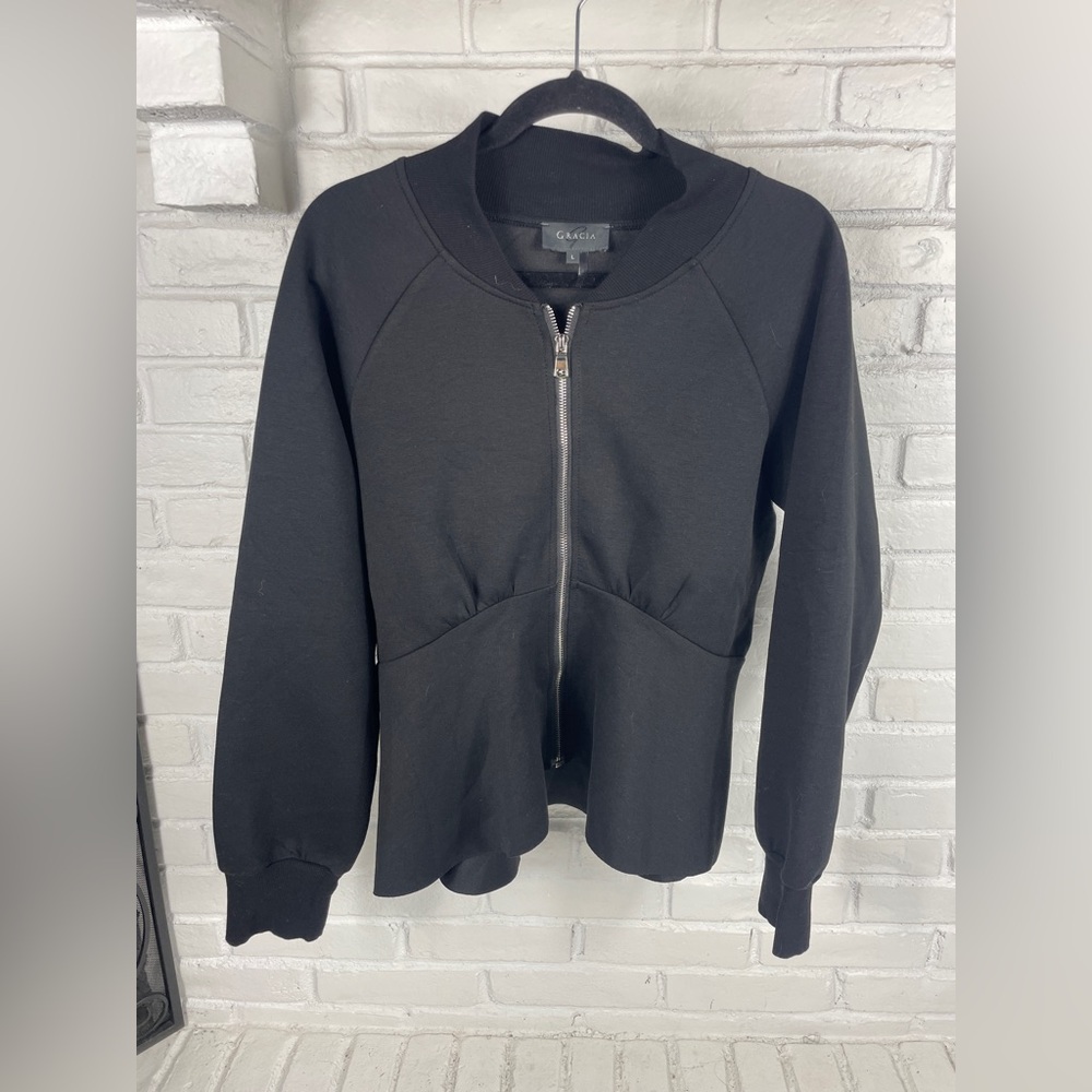 Gracia Black Peplum Zip Bomber Jacket Large | Sculpted‎ Hem | Minimalist Chic